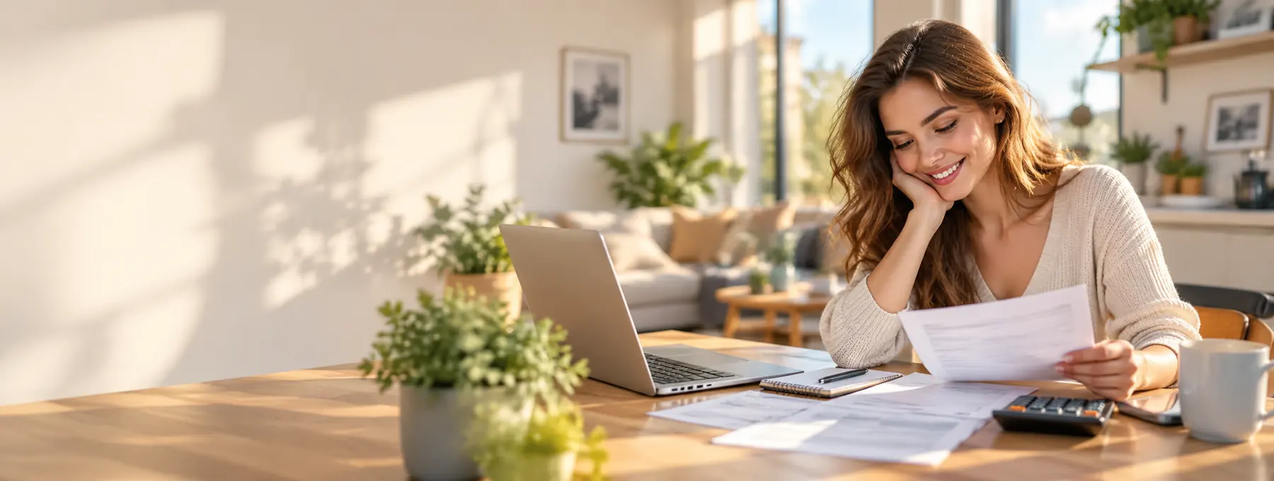 Smiling woman reviewing her loan terms and budget at a sunny kitchen table